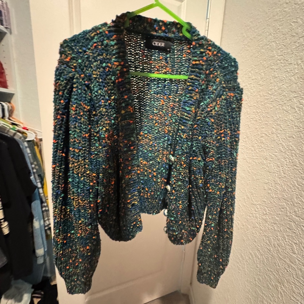 Cider Blue and Orange Cardigan Sweater with Chunky Knit